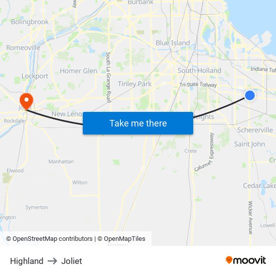 Highland to Joliet map