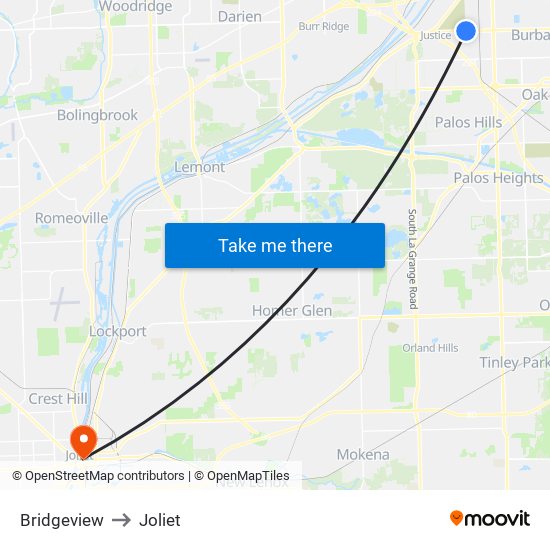 Bridgeview to Joliet map