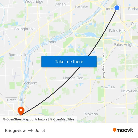 Bridgeview to Joliet map