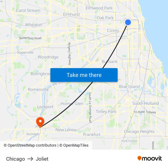 Chicago to Joliet map