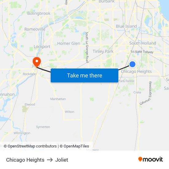 Chicago Heights to Joliet map