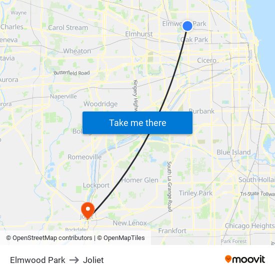 Elmwood Park to Joliet map