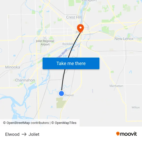 Elwood to Joliet map