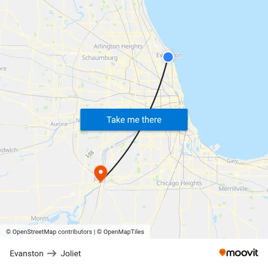 Evanston to Joliet map