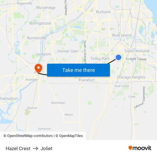 Hazel Crest to Joliet map