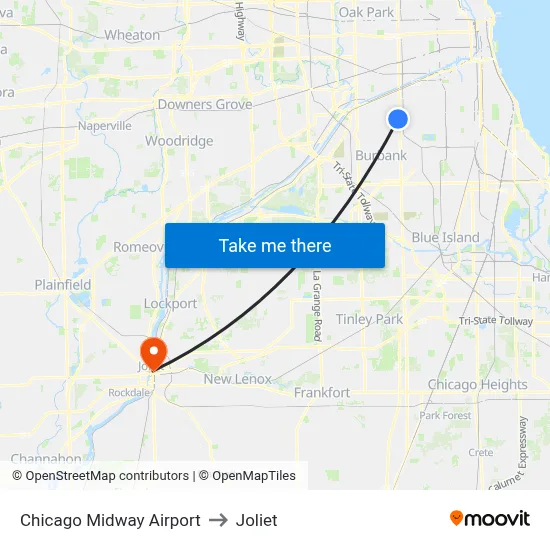 Chicago Midway Airport to Joliet map