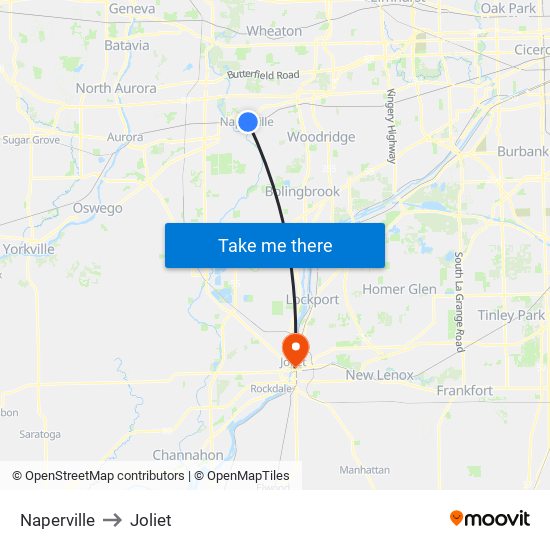 Naperville to Joliet map