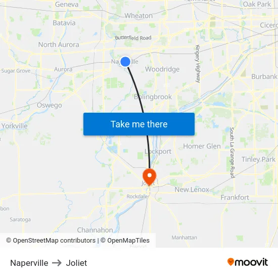 Naperville to Joliet map