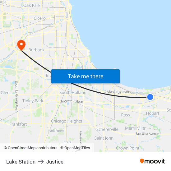Lake Station to Justice map