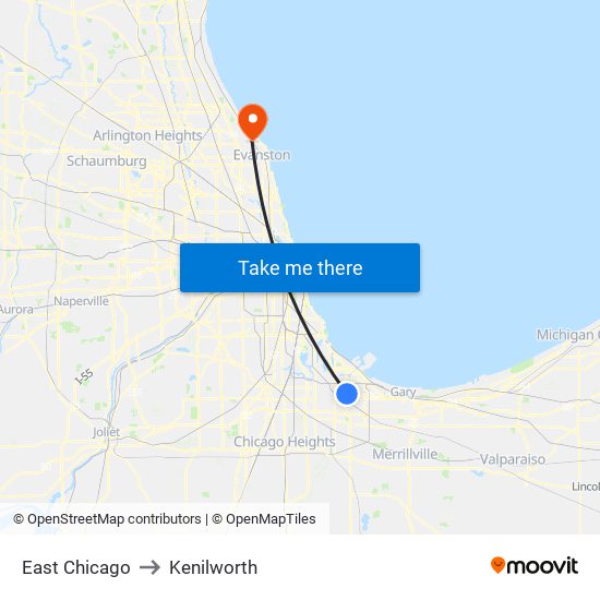 East Chicago to Kenilworth map