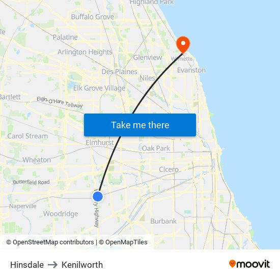 Hinsdale to Kenilworth map