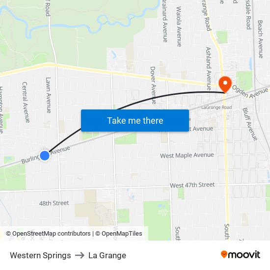 Western Springs to La Grange map