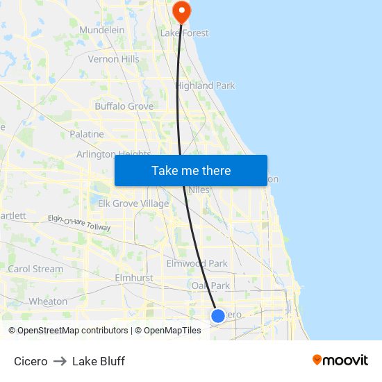 Cicero to Lake Bluff map