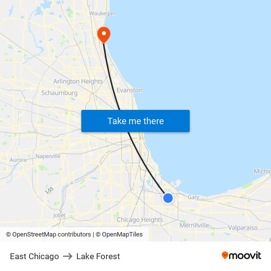 East Chicago to Lake Forest map