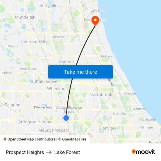 Prospect Heights to Lake Forest map