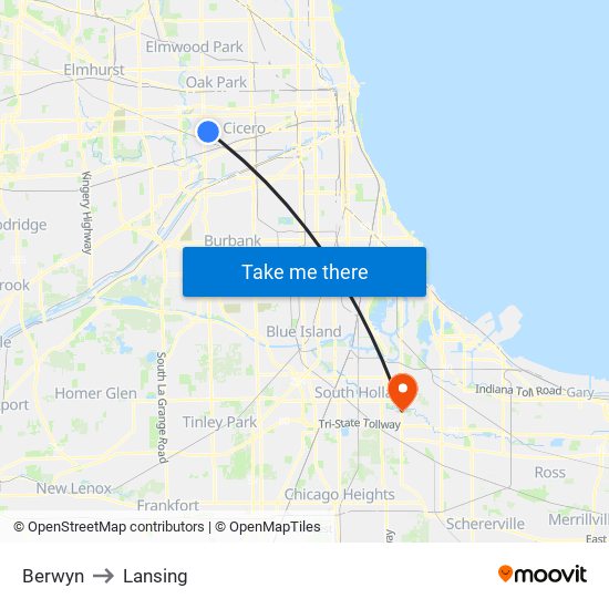 Berwyn to Lansing map