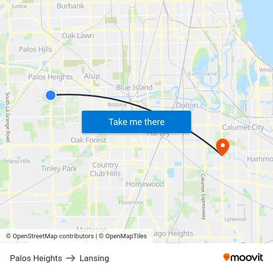 Palos Heights to Lansing map
