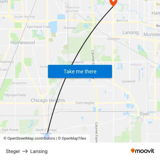 Steger to Lansing map