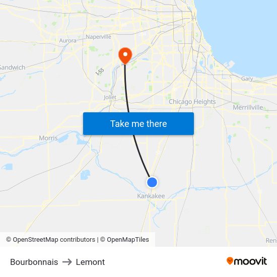 Bourbonnais to Lemont map