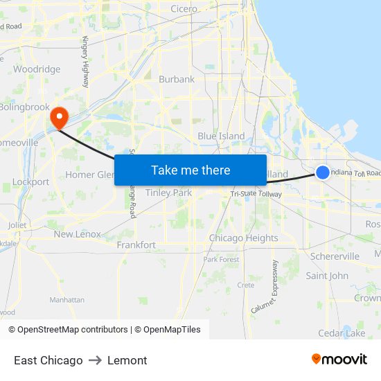 East Chicago to Lemont map