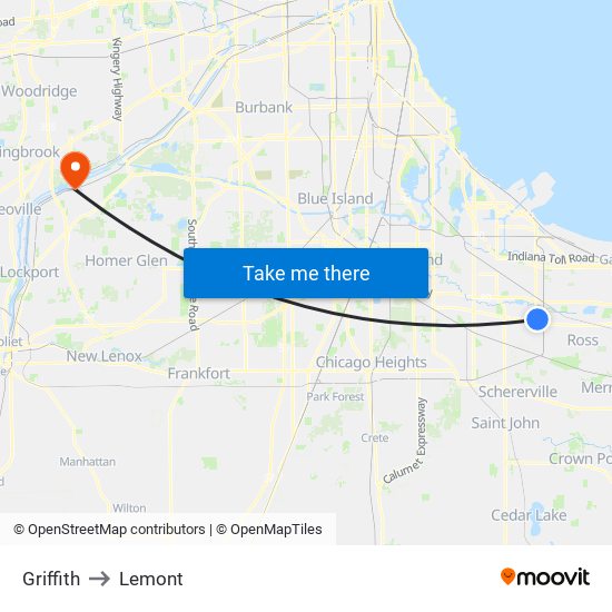 Griffith to Lemont map