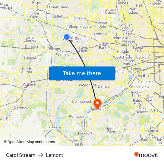 Carol Stream to Lemont map