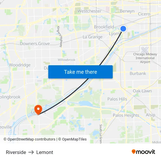 Riverside to Lemont map
