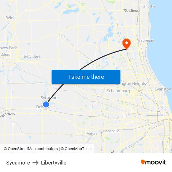 Sycamore to Libertyville map