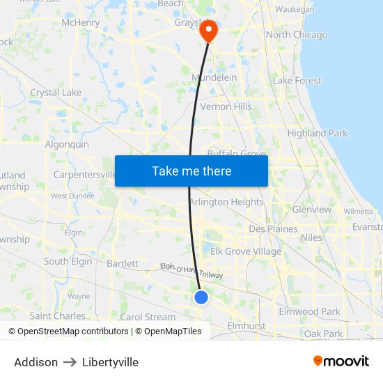 Addison to Libertyville map
