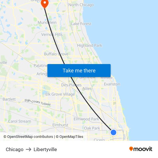 Chicago to Libertyville map