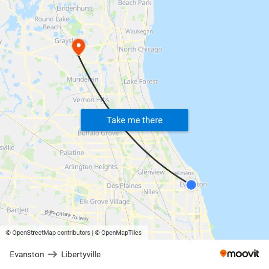 Evanston to Libertyville map