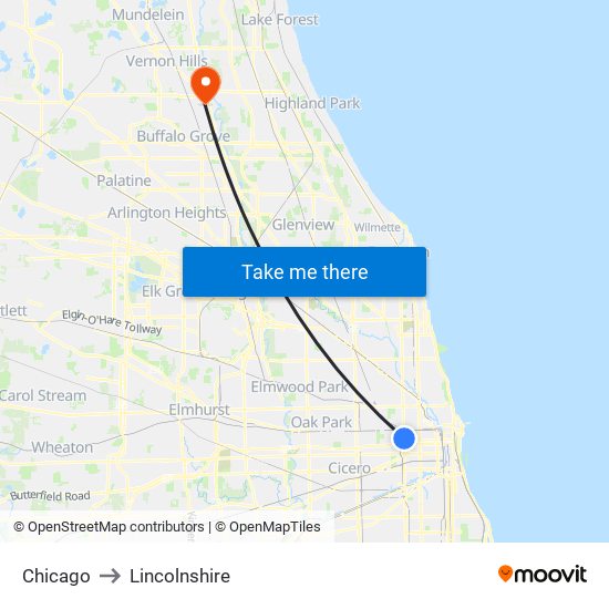 Chicago to Lincolnshire map