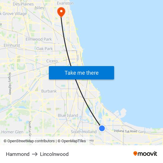 Hammond to Lincolnwood map