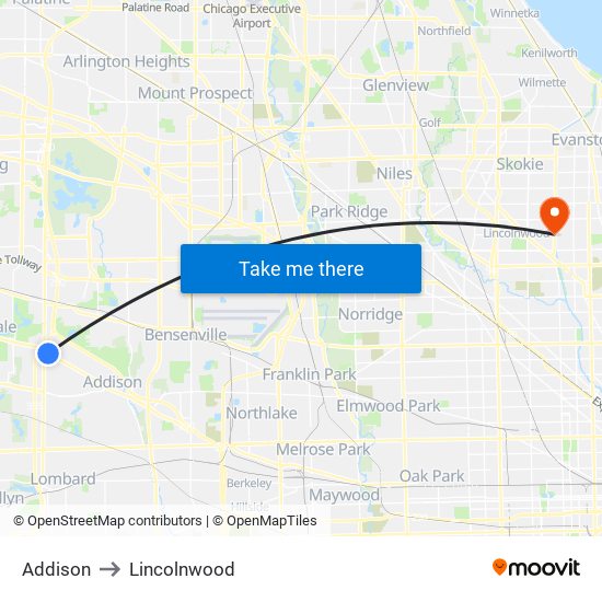 Addison to Lincolnwood map