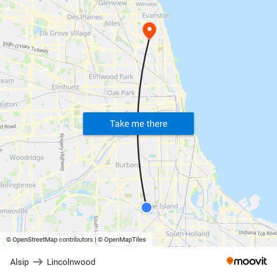 Alsip to Lincolnwood map