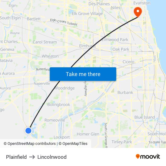 Plainfield to Lincolnwood map