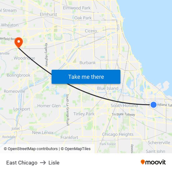 East Chicago to Lisle map