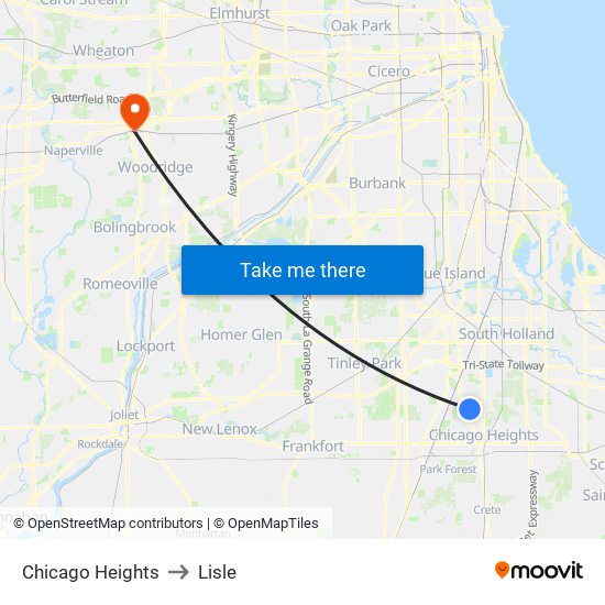 Chicago Heights to Lisle map