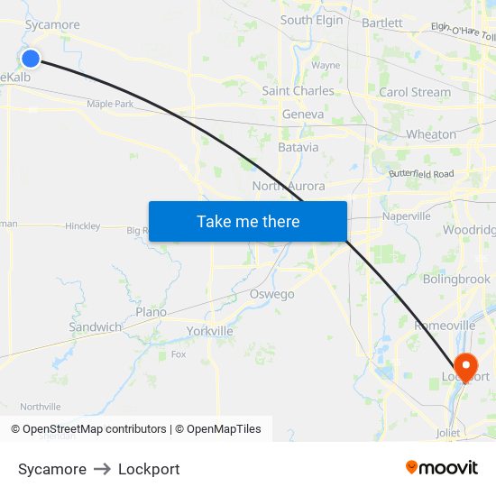 Sycamore to Lockport map