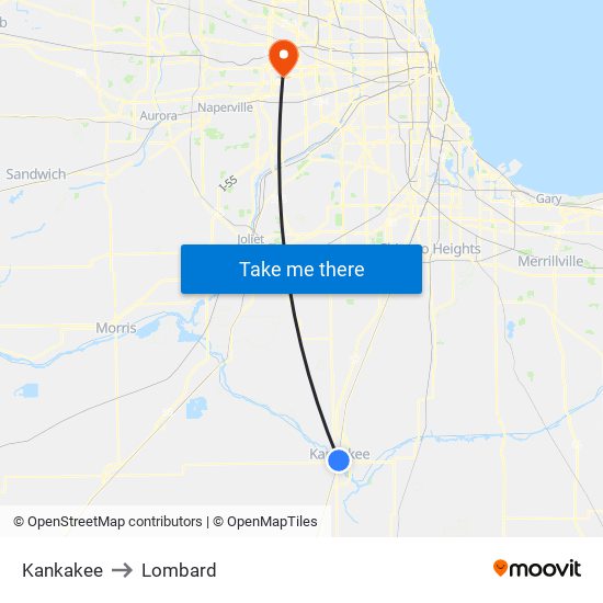 Kankakee to Lombard map
