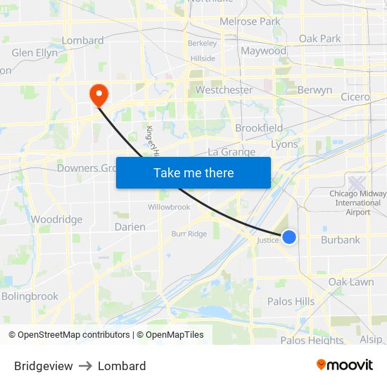 Bridgeview to Lombard map