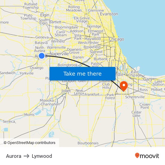 Aurora to Lynwood map