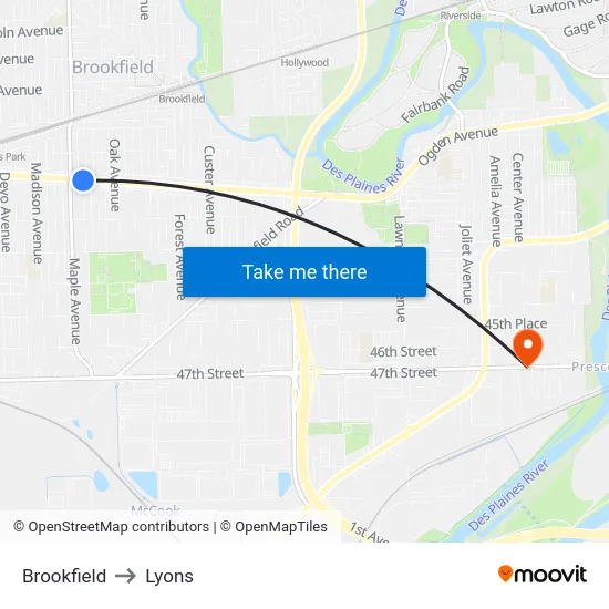 Brookfield to Lyons map