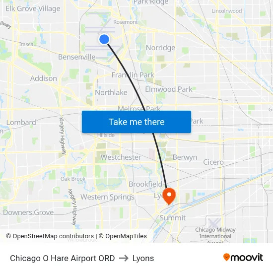 Chicago O Hare Airport ORD to Lyons map
