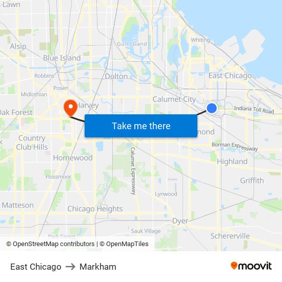 East Chicago to Markham map