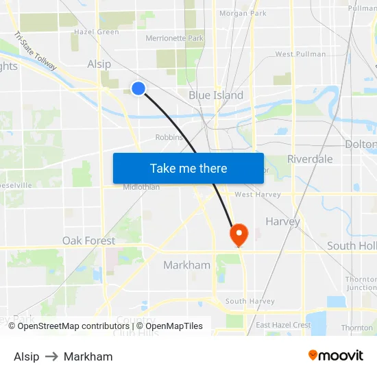 Alsip to Markham map