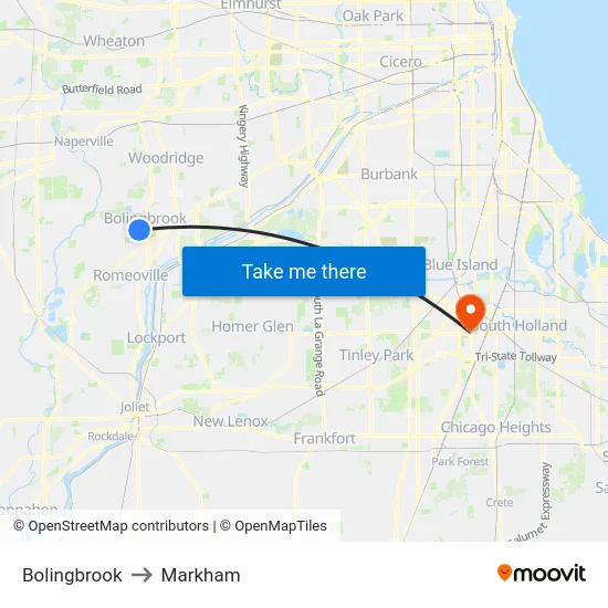 Bolingbrook to Markham map