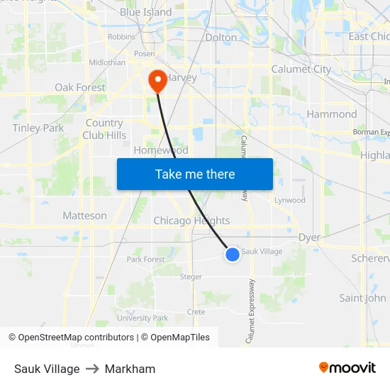 Sauk Village to Markham map