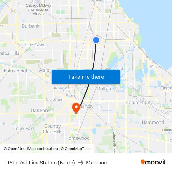 95th Red Line Station (North) to Markham map