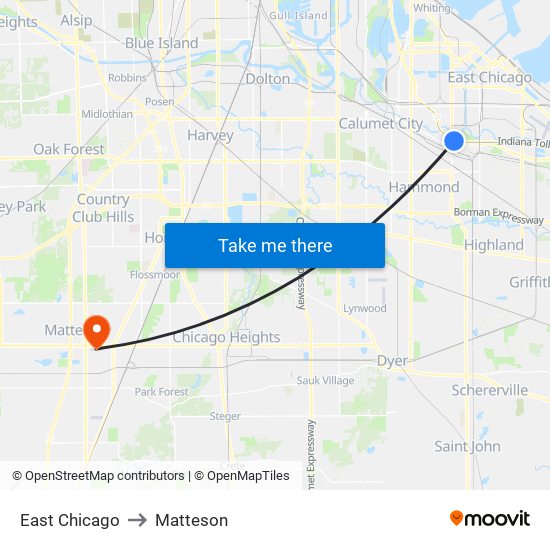 East Chicago to Matteson map